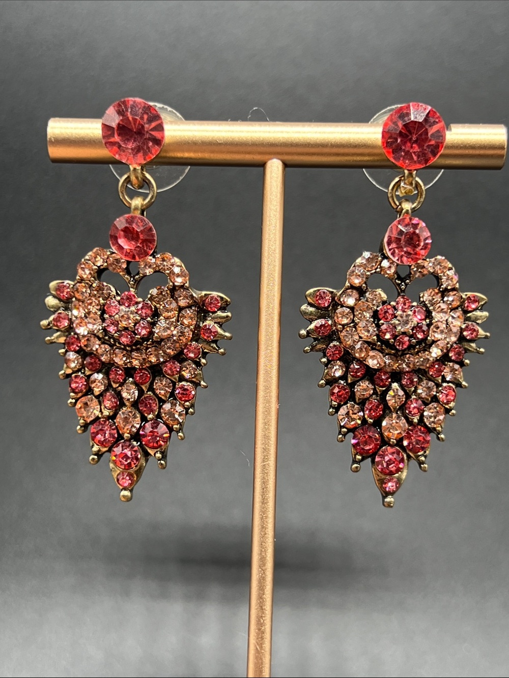 Pink Crystal Statement Earrings Victorian Gothic Antique Gold Dangle Earrings